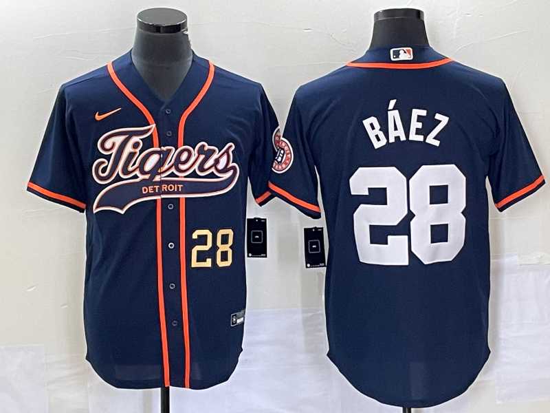 Men's Detroit Tigers #28 Javier Baez Number Navy Blue Cool Base Stitched Baseball Jersey